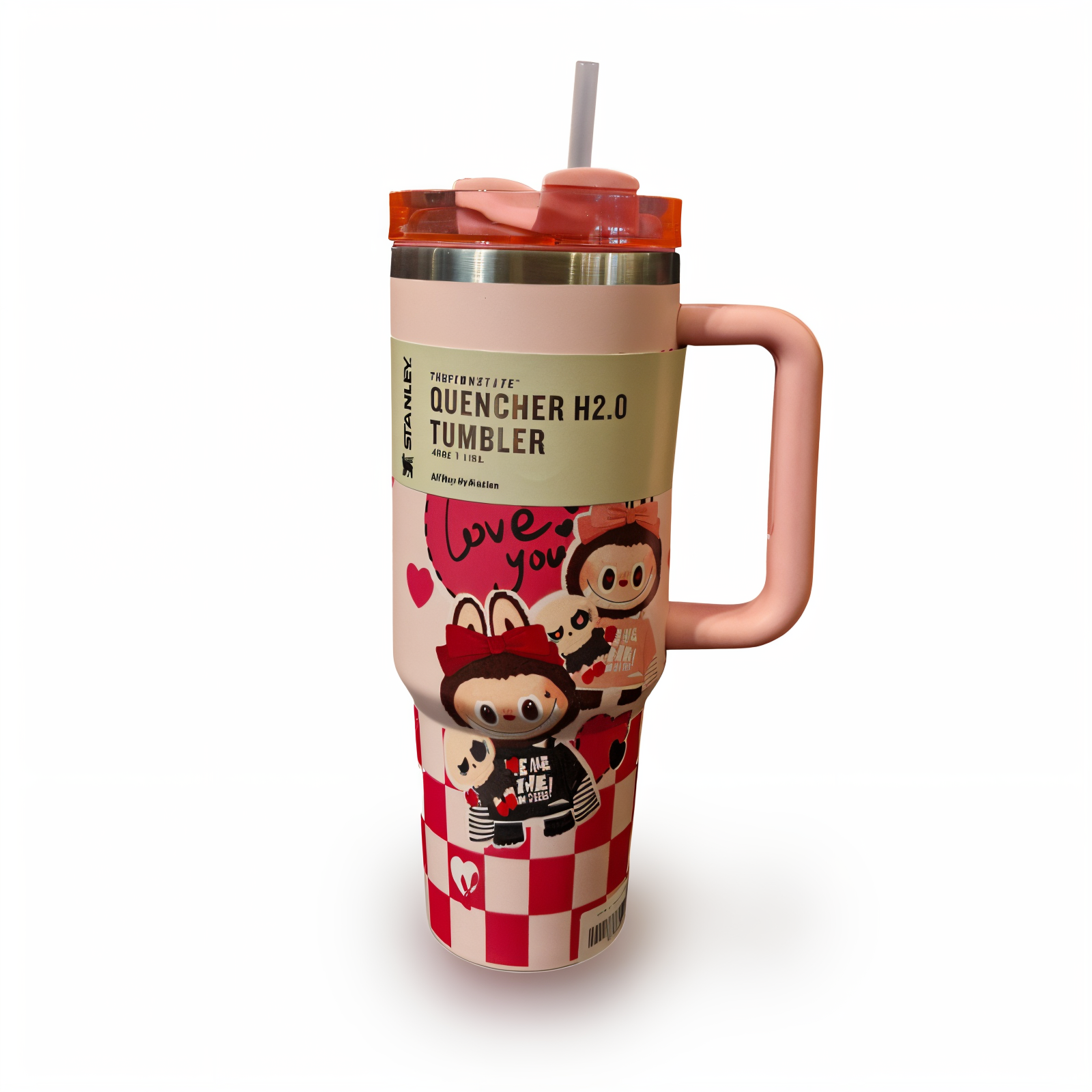 تراول ماگ لبوبو صورتی شطرنجی STANLEY  STANLEY Labubu Pink Checkered Travel Mug 1.18L – Stainless Steel Insulated Tumbler