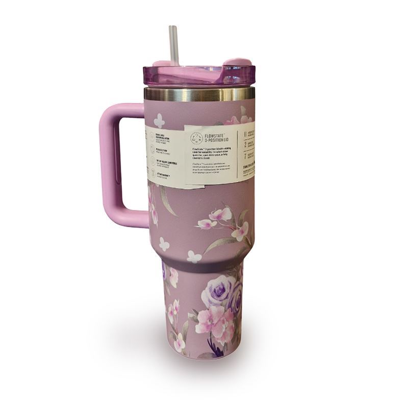 تراول ماگ گل یاسی کد STANLEY-FL  STANLEY Floral Lavender Travel Mug 1.18L – Stainless Steel Insulated Tumbler