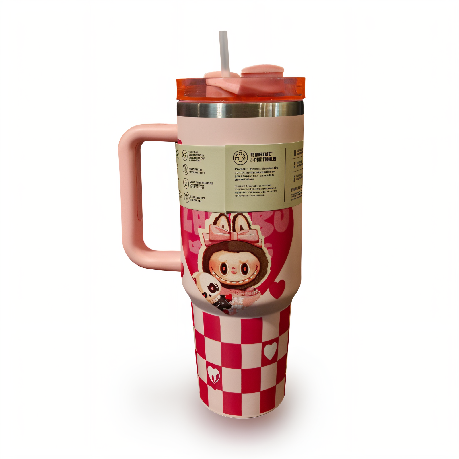 تراول ماگ لبوبو صورتی شطرنجی STANLEY  STANLEY Labubu Pink Checkered Travel Mug 1.18L – Stainless Steel Insulated Tumbler