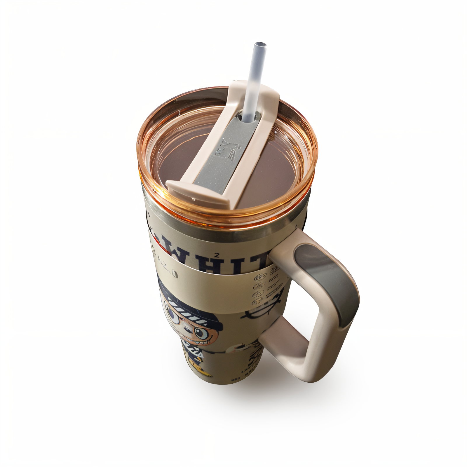 تراول ماگ استیکر نسکافه ای STANLEY  STANLEY Sticker Coffee Brown Travel Mug 1.18L – Stainless Steel Insulated Tumbler with Labubu Lid