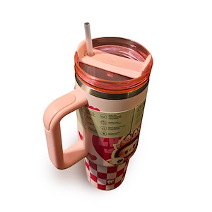 تراول ماگ لبوبو صورتی شطرنجی STANLEY  STANLEY Labubu Pink Checkered Travel Mug 1.18L – Stainless Steel Insulated Tumbler