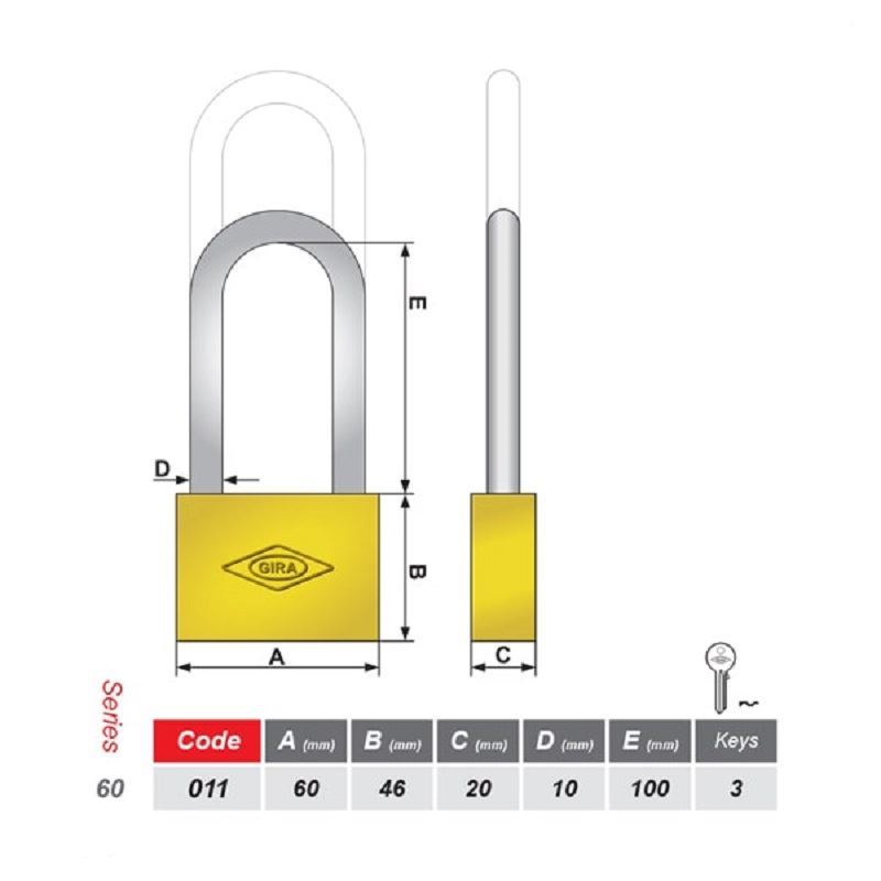 قفل آویز تخت دسته بلند 60 میلی متری کد 011 گیرا GIRA 1*FG01/4